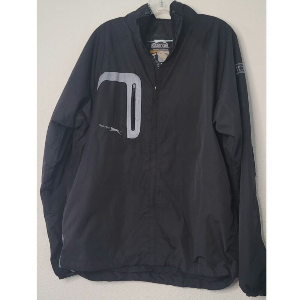 Black Slazenger Mens Light Windbreaker Golf Sport Jacket Front Zip Pocket Large